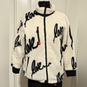 RUBEN ROJAS BLACK AND WHITE LOVE SHERPA JACKET SIZE SMALL/MEDIUM